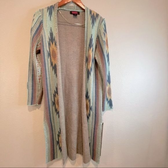 Rock & Roll Cowgirl Sweaters - Rock & Roll Cowgirl Aztec Print Long Open Front Cardigan